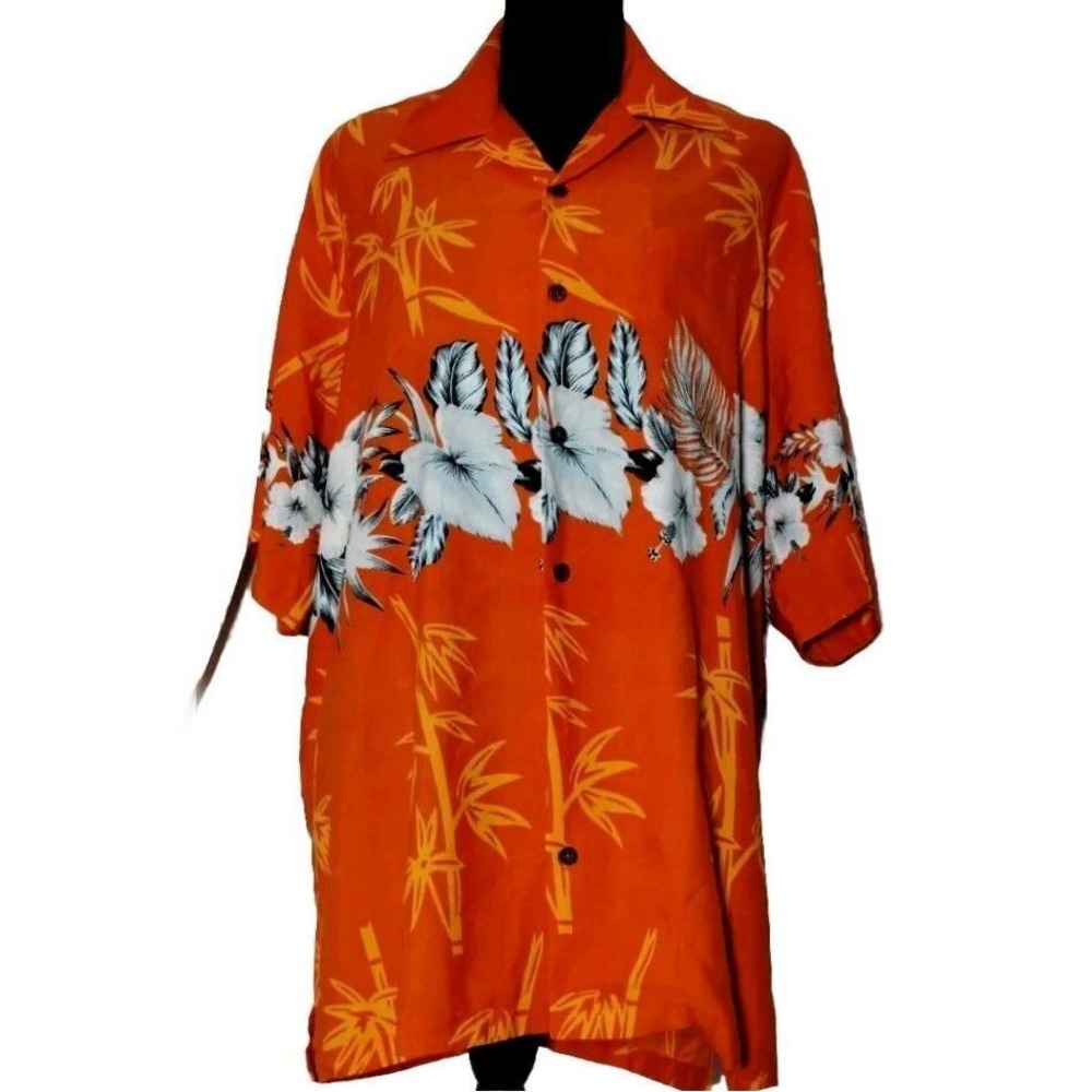 Elvish Hawaiian‎ Shirt Floral Bamboo Print Button Up Orange XL